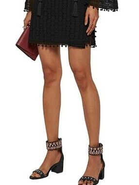 SCHULTZ Studded Embroidered Ankle Strap Chunky Low Heel Sandals